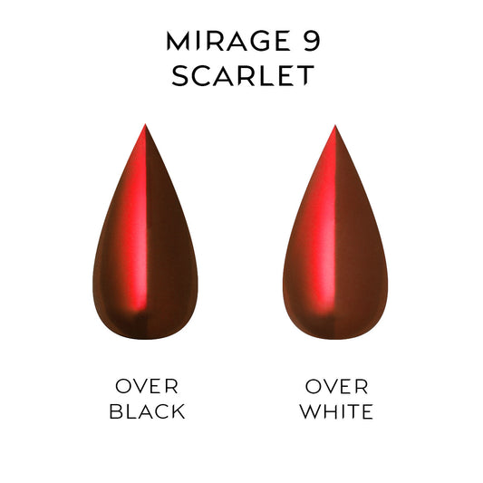 Two teardrop-shaped color swatches labeled 'Mirage 9 Scarlet' over black and white.
