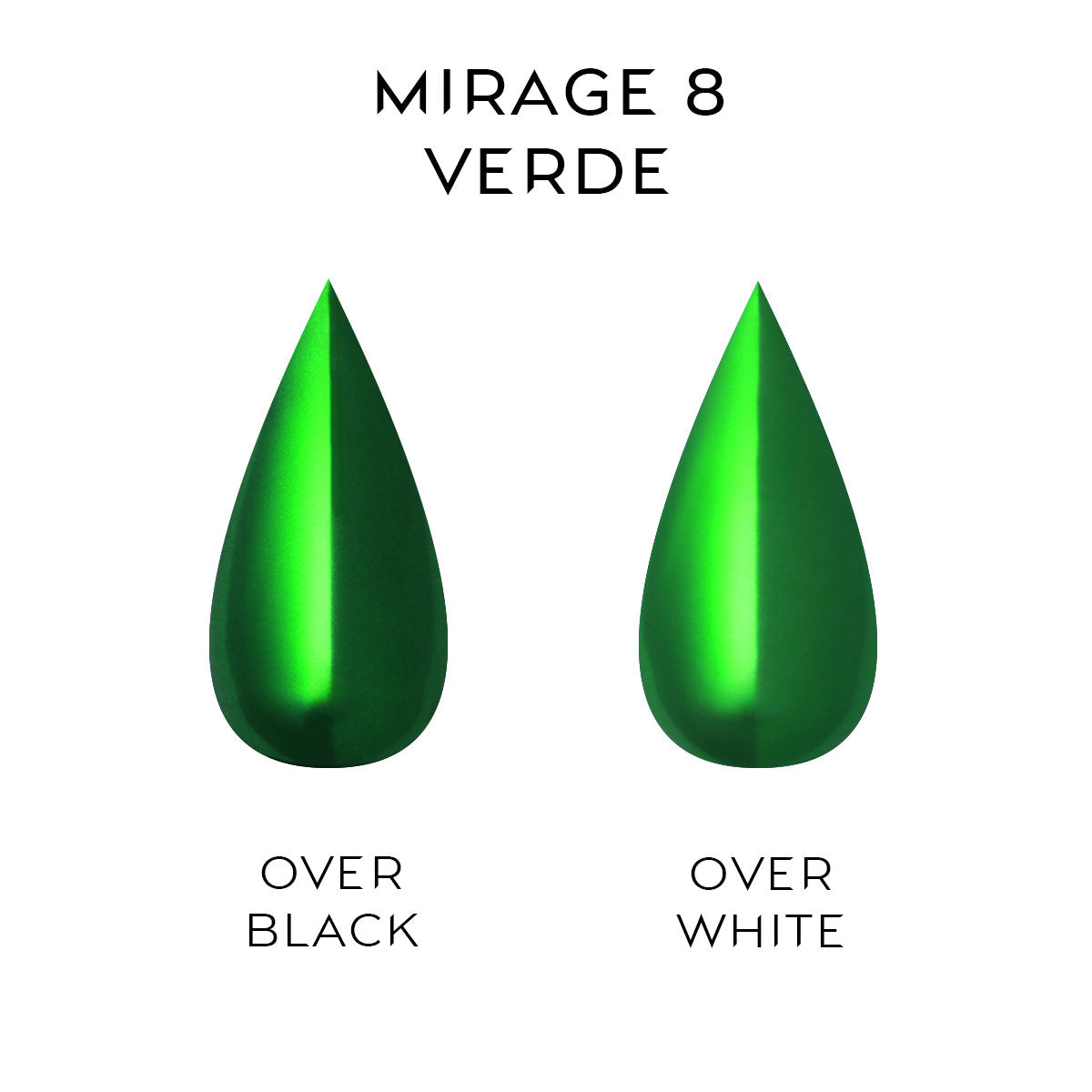 Two green teardrop shapes labeled 'Over Black' and 'Over White' with 'Mirage 8 Verde' text above.