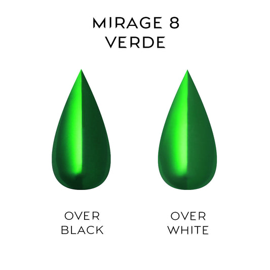Two green teardrop shapes labeled 'Over Black' and 'Over White' with 'Mirage 8 Verde' text above.