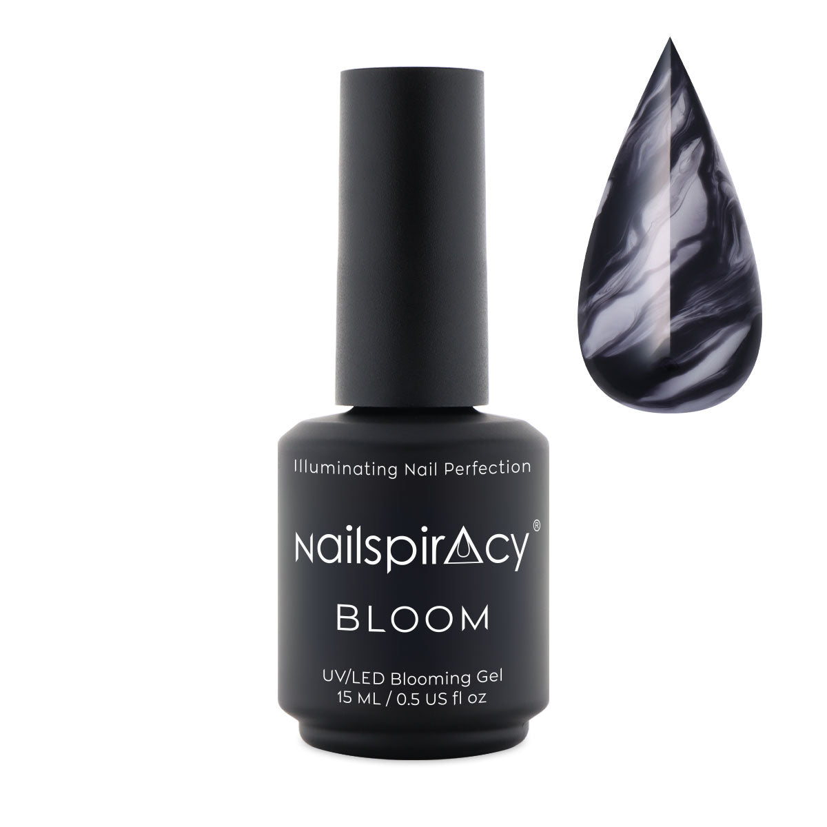 Nailspiracy Bloom gel bottle with a droplet of gel on a white background