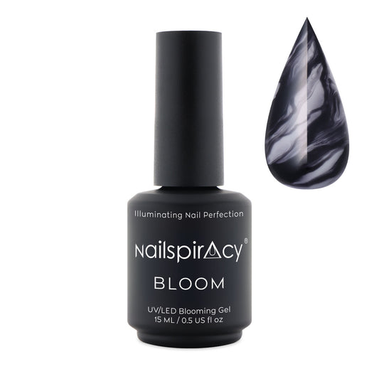 Nailspiracy Bloom gel bottle with a droplet of gel on a white background