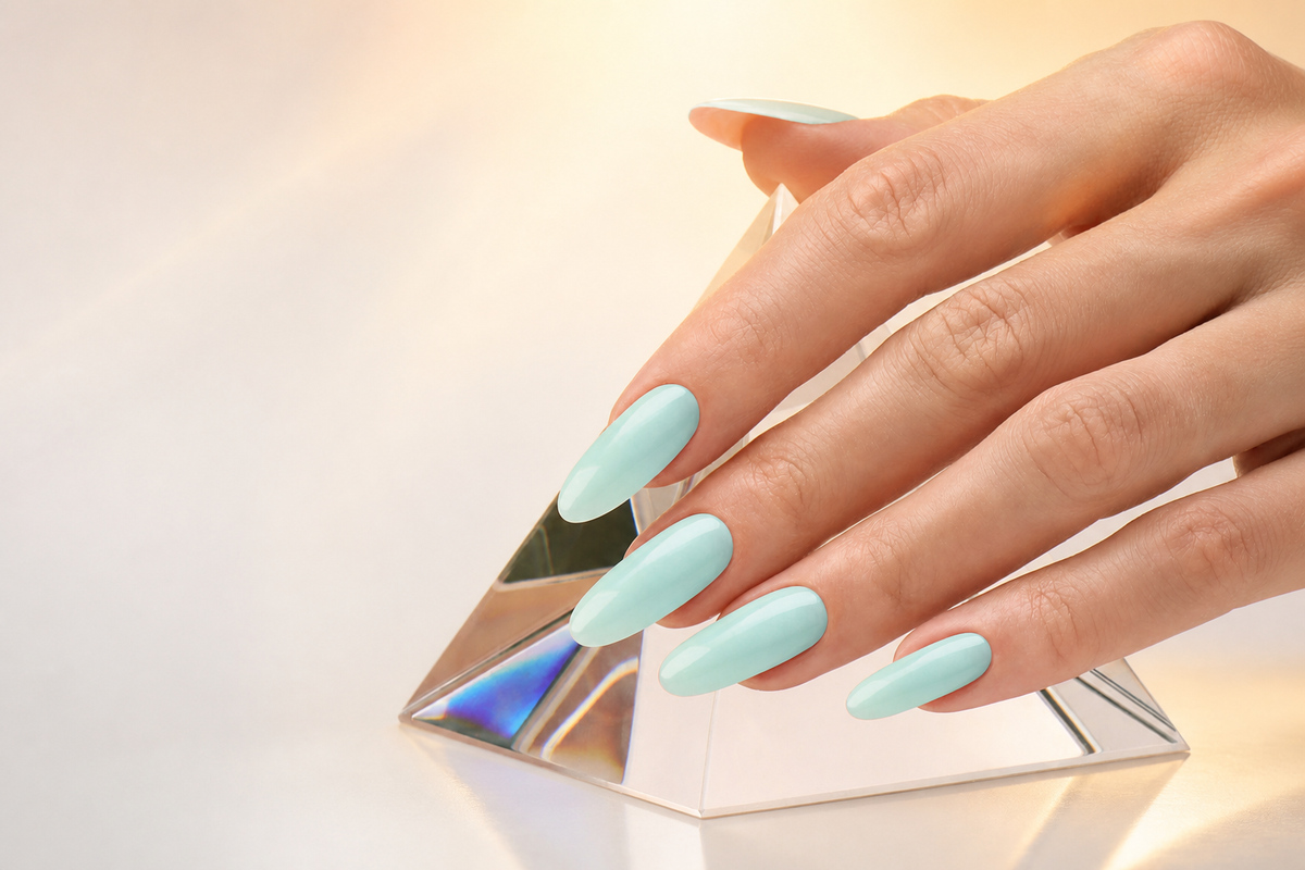 Aqua builder gel manicure displayed on a reflective glass pyramid
