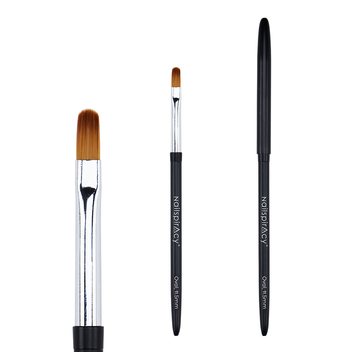 Three nail gel brushes with black handles and clear or brown bristles on a white background.