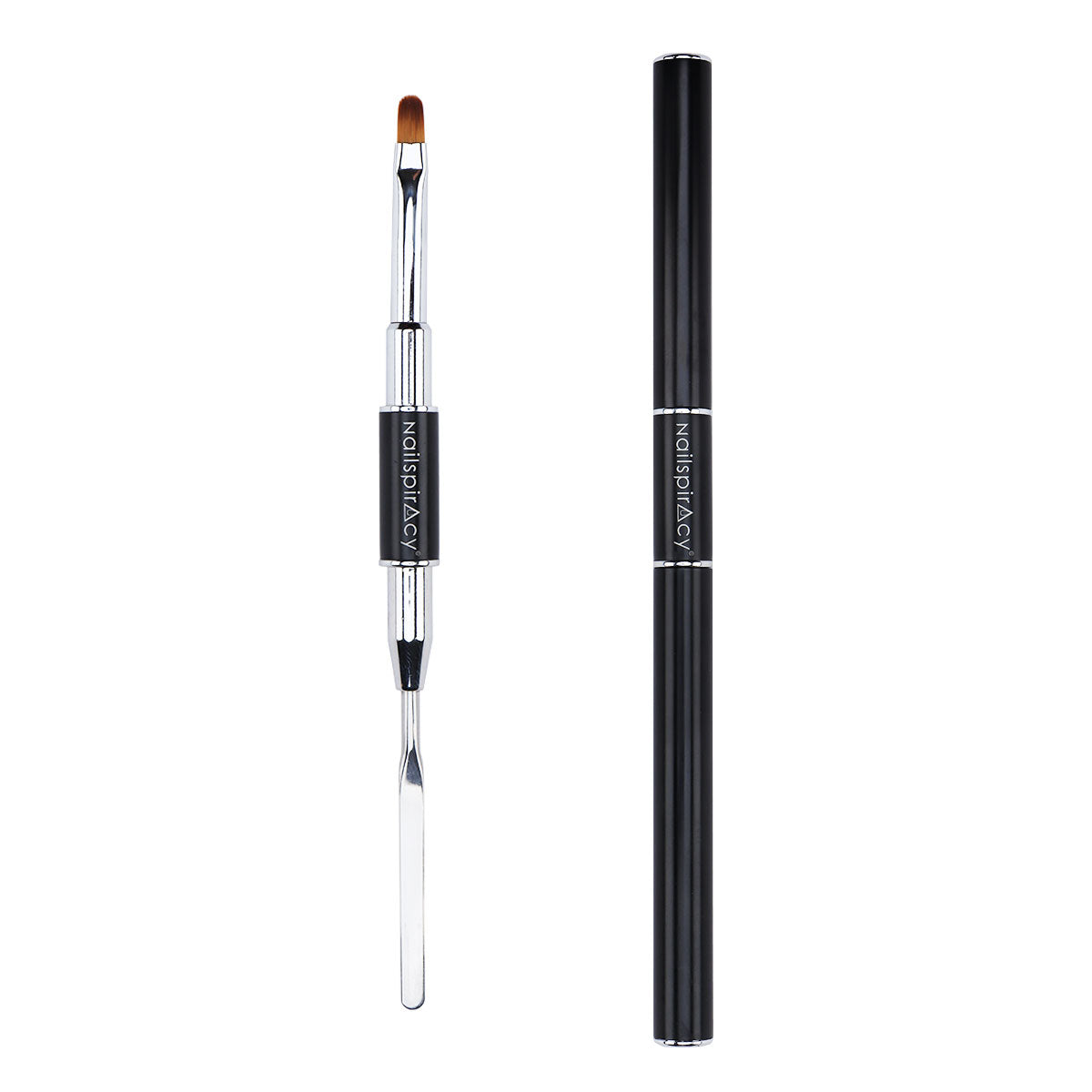 Nail brush with black handle and silver ferrule spatula on a white background