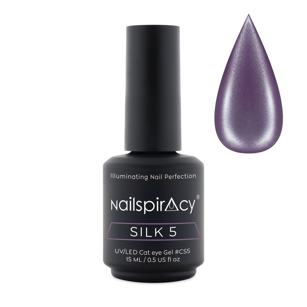 Nailspiracy Silk 5 nail gel polish bottle with a droplet of purple color on a white background
