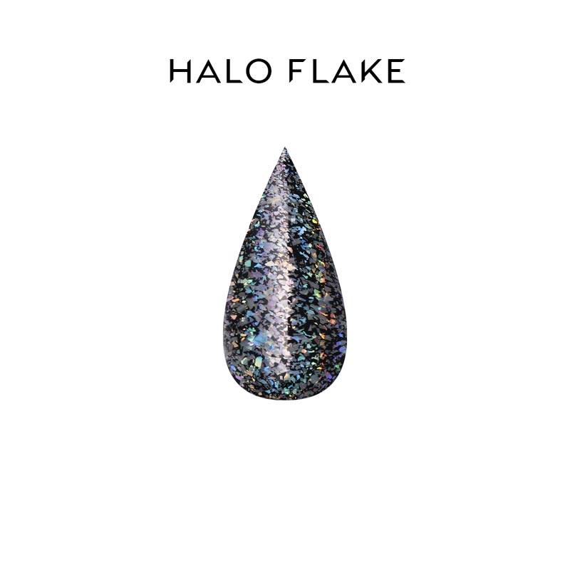 Teardrop-shaped glittery nail art powder with 'HALO FLAKE' text above on a white background
