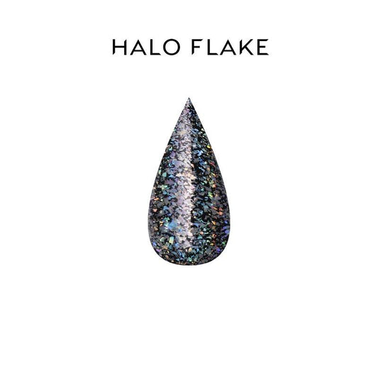 Teardrop-shaped glittery nail art powder with 'HALO FLAKE' text above on a white background